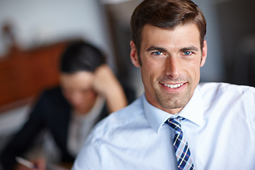 Image showing Portrait, businessman and happiness with shirt in office for company, employee and working. Smile, corporate and face of male person with tie in workplace for professional worker, formal and career