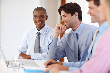 Image showing People, portrait and business with meeting with laptop for strategy, collaboration and teamwork with people in office. Businesspeople, conference and workforce for cooperation with diversity