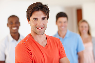 Image showing Portrait, happy man and employee in office with designer for working, business and agency in America. Male worker, professional and smile in workplace with happiness for job, together and teamwork