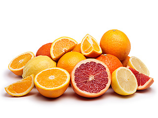 Image showing Vitamin c, fruits and citrus in studio for healthy nutrition, detox and minerals on isolated white background. Food, organic produce and groceries for natural wellness, antioxidants and fresh juice