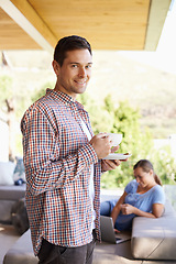 Image showing House, portrait and man with coffee, patio and relax with partner, woman and girlfriend in cottage. Summer, holiday and couple on break for happiness, girl and male person in vacation for peace