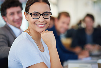 Image showing Portrait, meeting and smile with business woman with team for discussion in confidence. People, collaboration and pride with employees, planning and workshop for administration with company in office