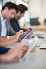 Image showing Hands, tablet and business people in meeting for research, internet browsing or networking in office. Technology, planning and working employee with colleagues, typing or online in workplace