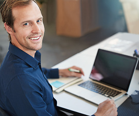 Image showing Man, laptop and portrait in office for company career and online planning for website research project. Male person or analyst and smile with tech for email and digital proposal with internet
