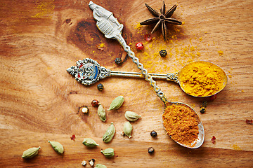 Image showing Spoons, spice and selection of seasoning for health on kitchen table, turmeric and cardamom for meal. Top view, condiments and options for spicy gourmet in Indian culture, art and food preparation