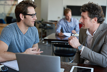 Image showing Copywriter, employees and men brainstorming, laptop and tablet on desk, office and teamwork in company. Planning, colleagues and male coworkers with technology for project, working and business