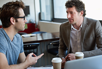 Image showing Colleague, talking and coffee in office for company career, professional planning for corporate in business strategy with laptop. Employee with mature person or analyst for feedback on online project