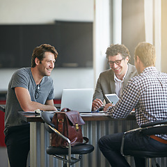 Image showing Professional man, partner and laptop with team in office for meeting, creative and company startup. Men, tablet and business deal in modern workspace for recruitment agency, strategy and discussion