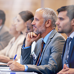 Image showing Senior man, listening and journalist for presentation in conference room with happy, job and networking. Mature male person, media event and smile in boardroom for press with learn, suit and seminar