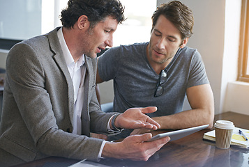 Image showing Teamwork, tablet and collaboration at office for meeting with brainstorming, agency and web design. Technology, people and startup employees in workplace for creative company, talking and ux project