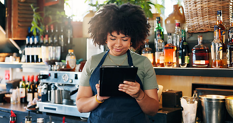 Image showing Tablet, restaurant bartender and happy woman typing checklist for alcohol stock, store trade or inventory. Portrait, job experience and manager check online list of drinks for supply chain services