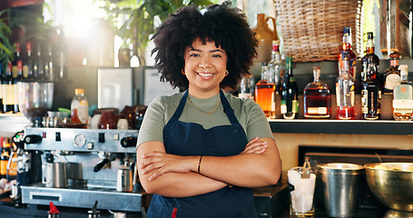 Image showing Welcome, coffee shop and portrait of woman with confidence at counter, waitress or barista at restaurant startup. Bistro, bar service and drinks, happy small business owner, manager or boss at cafe.