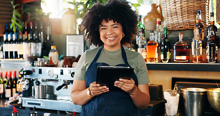 Image showing Tablet, restaurant bartender and happy woman typing checklist for alcohol stock, store trade or inventory. Portrait, job experience and manager check online list of drinks for supply chain services