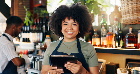 Image showing Tablet, restaurant woman and bartender smile for alcohol sales, commerce service or stock sales. Portrait, job experience and small business owner with pride in drinks trade, supply chain or startup