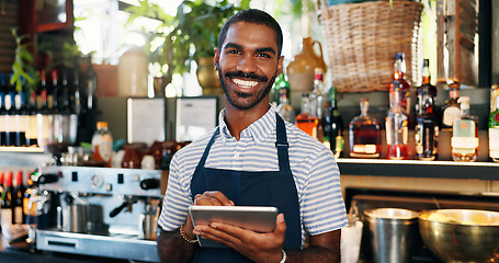 Image showing Tablet, black man and bartender smile for restaurant sales, alcohol service or career vocation. Portrait, job experience and African business owner with pride in drinks trade, supply chain or startup