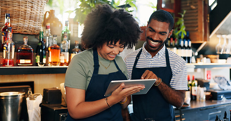 Image showing Tablet, restaurant bartender and happy people discussion on checklist for alcohol stock, store trade or inventory. Smile, small business team and entrepreneur collaboration on drinks supply chain