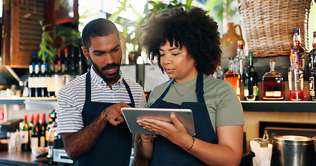 Image showing Tablet, restaurant bartender and happy people discussion on checklist for alcohol stock, store trade or inventory. Smile, small business team and entrepreneur collaboration on drinks supply chain