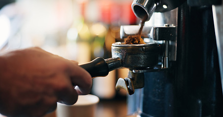 Image showing Cafe, coffee grinder and hands pouring espresso with barista, small business and hospitality. Cappuccino, ground beans and service, person in bistro or restaurant with hot drink, latte or fresh brew.