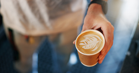 Image showing Latte art, coffee shop and hands pouring cup for take away with barista, small business and hospitality. Cappuccino, milk foam and service person in cafe, restaurant or bistro with hot drink to go.