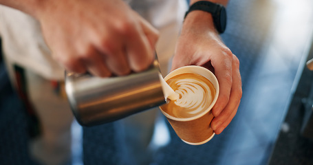 Image showing Latte art, coffee shop and hands pouring cup for take away with barista, small business and hospitality. Cappuccino, milk foam and service person in cafe, restaurant or bistro with hot drink to go.