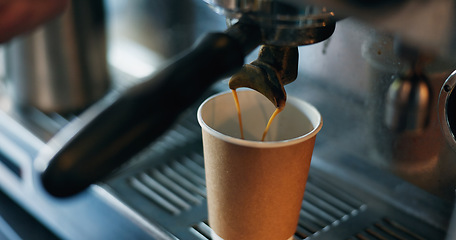 Image showing Restaurant, coffee machine and pouring cup for take away with barista, small business or hospitality. Cappuccino, fresh brew espresso and beverage service in cafe, shop or bistro with hot drink to go