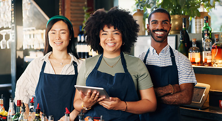 Image showing Welcome, restaurant and portrait of team at bar with manager, waiter and waitress at startup with digital app. Bistro, service barman and diversity, happy small business owner at cafe with tablet.