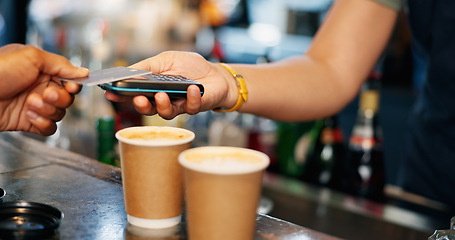 Image showing Customer, hands and credit card at coffee shop POS, fintech payment and cafe, restaurant or small business services. Barista or people hands at point of sale counter, machine and scan for drink order