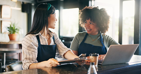 Image showing Business owner, teamwork and laptop for restaurant profit, sales and stock inventory management on checklist. Women, waitress or manager with documents, computer and planning budget in a startup cafe