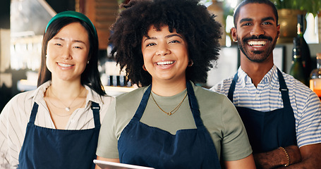 Image showing Diversity, restaurant and portrait of team at bar with manager, waiter and waitress at startup with digital app. Bistro, service barman and welcome, happy small business owner at cafe with tablet.