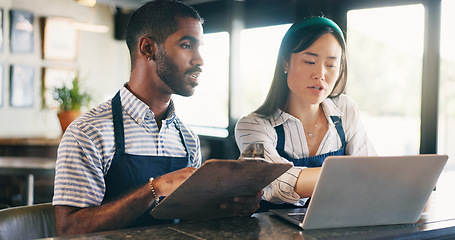 Image showing Business owner, teamwork and computer for restaurant profit, sales and stock inventory management on a checklist. Man, waiter and manager with documents, laptop and planning budget in a startup cafe