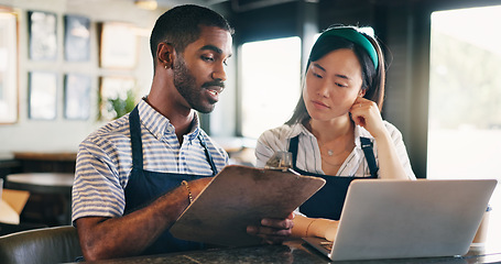 Image showing Business owner, teamwork and computer for restaurant profit, sales and stock inventory management on a checklist. Man, waiter and manager with documents, laptop and planning budget in a startup cafe