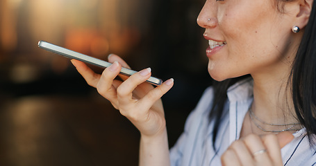 Image showing Woman, voice note and cafe with smartphone, remote work and conversation for job, online and internet. Discussion, excited and explaining for freelance career, copywriter and working on social media