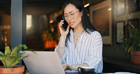 Image showing Woman, phone call and cafe with laptop, remote work and conversation for job, online and internet. Discussion, coffee and explaining for freelance career, copywriter and working on social media