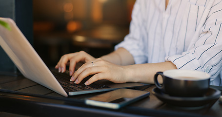 Image showing Hands, typing and cafe with laptop, remote work and busy for job, online creative and internet. Technology, coffee and entrepreneur for freelance career, copywriter and working on social media