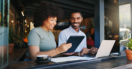 Image showing Restaurant, workers and tablet with laptop, remote work and planning strategy for project, online or internet. People, tech and explain for freelance career, copywriter or working on social media