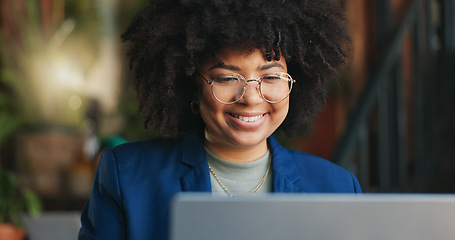 Image showing Remote work cafe, laptop and thinking business woman with online feedback smile, review or proposal plan success. Freelance, planning and female journalist online at a restaurant for article, analysi