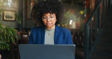 Image showing Woman, thinking and restaurant with laptop, remote work and ideas for job, online and internet. Concentrating, planning and journalist for freelance career, copywriter and working on project