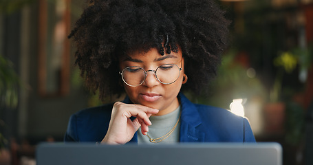 Image showing Remote work cafe, laptop and thinking business woman with online feedback, review or proposal plan. Freelance, planning and female journalist online at a restaurant for article, analysis and research