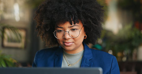 Image showing Remote work cafe, laptop and thinking business woman with online feedback, review or proposal plan. Freelance, planning and female journalist online at a restaurant for article, analysis and research