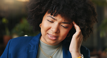 Image showing Frustrated black woman, headache and afro in stress, anxiety or mistake for business pressure at cafe. Face of African female person with migraine, pain or depression in mental health at coffee shop