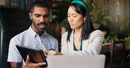 Image showing Business people, laptop and tablet at cafe for research, schedule planning or design in creative startup. Happy man and woman working with technology on project, brainstorming or ideas at coffee shop