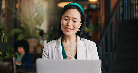 Image showing Woman, video call and restaurant with laptop, remote work and conversation for project, meeting and internet. Discussion, job and explain feedback to copywriter and working on social media campaign