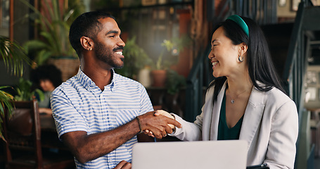 Image showing Japanese business woman, man and handshake by laptop, talking and tablet with deal, advice and finance startup. Person, financial advisor and agreement with information, investing knowledge and chat