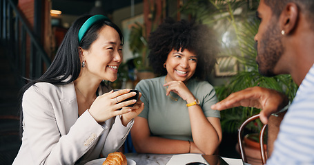 Image showing People, friends and laughing with coffee at cafe for funny joke, discussion or break together. Happy group smile enjoying fun conversation with beverage, croissant or cup of tea at indoor restaurant