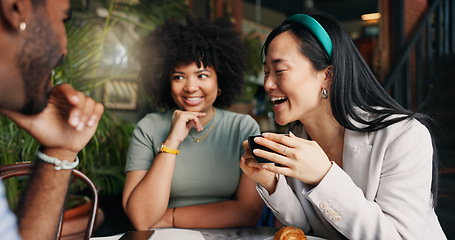 Image showing People, friends and talking with coffee at cafe for social, free time or catch up break together. Happy group smile enjoying conversation with beverage, croissant or cup of tea at indoor restaurant