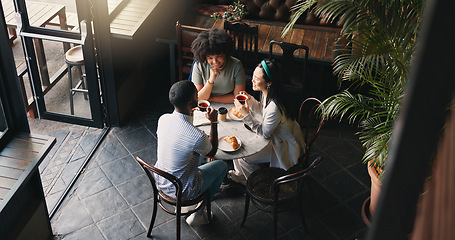 Image showing Friends, group and talking in coffee shop for communication catch up or university reunion, gossip or pastry, Man, woman and chat in cafe together as consumer for bonding lunch, diversity or social