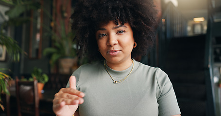 Image showing Wave, video call and face of black woman in coffee shop for communication, contact and talking. Remote work, freelancer and portrait of person greet hello for online meeting, webinar and discussion