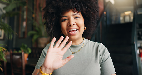 Image showing Wave, video call and face of black woman in coffee shop for communication, contact and talking. Remote work, freelancer and portrait of person greet hello for online meeting, webinar and discussion