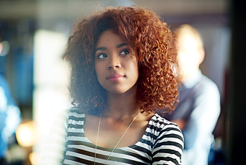 Image showing Black woman, thinking and professional in creative business, idea and problem solving in office. Female person, planning and contemplating career opportunity at agency, consultant and employee