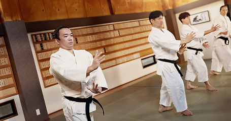 Image showing Aikido dojo, students and fight for martial arts, strike or together for combat at training, gym or class. Japanese people, group and sport for exercise, workout or fitness with zen, conflict or club